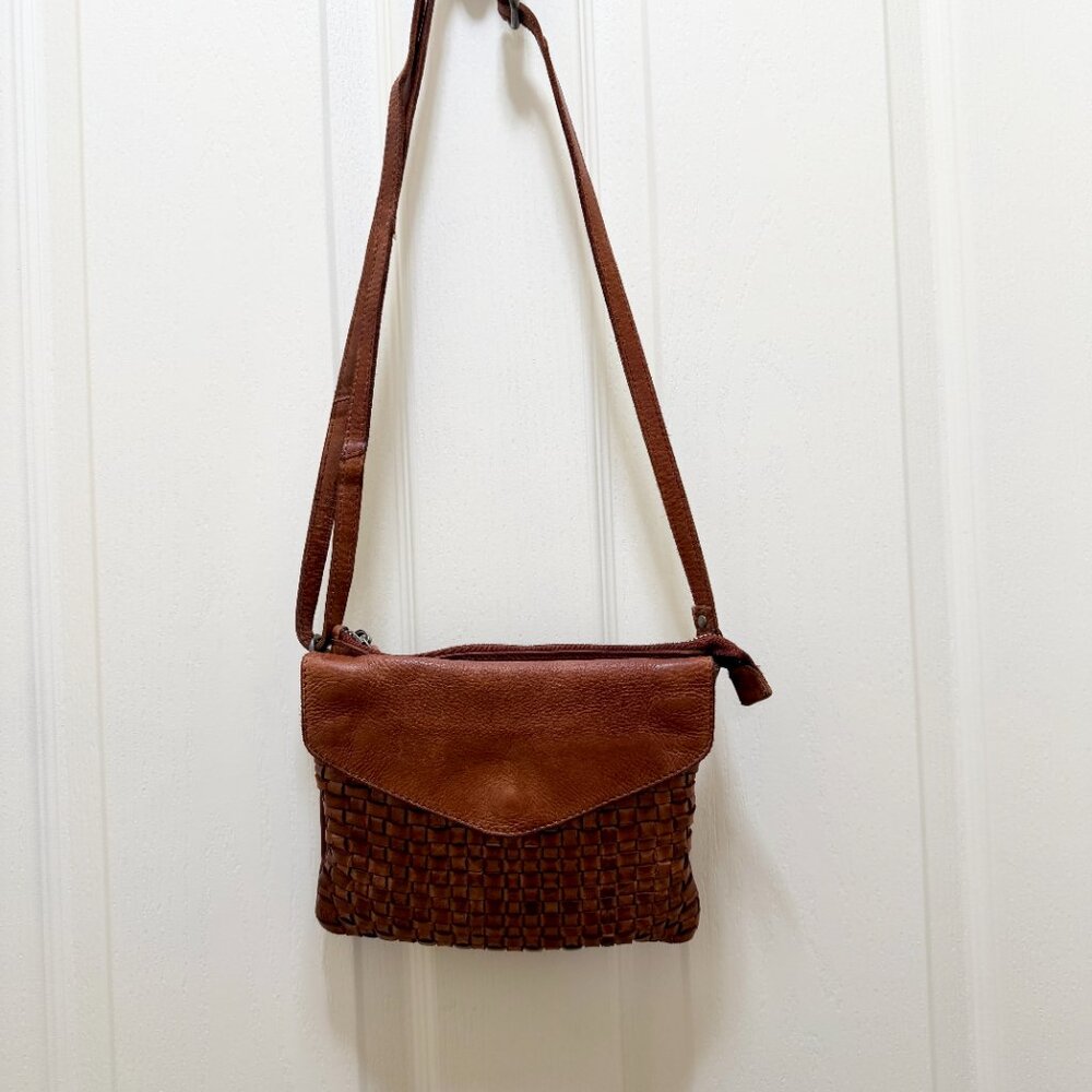 Vilenca Holland Hand Woven Flap Soft Leather Crossbody Bag Cognac Brown Boho - Picture 2 of 12